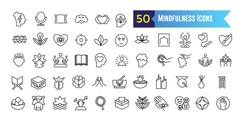 Mindfulness icons set outline vector. Mind stress. Relax peace for ui design isolated. Outline icon collection. Editable stroke. - obrazy, fototapety, plakaty