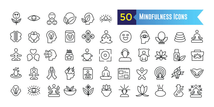 Mindfulness icons set outline vector. Mind stress. Relax peace for ui design isolated. Outline icon collection. Editable stroke.