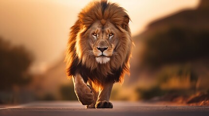 A majestic lion walking down a long road surrounded by a golden sunset, Generative ai.