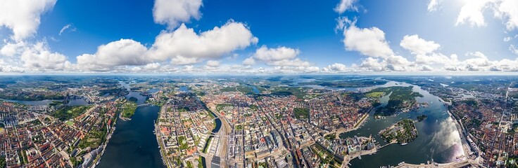 Stockholm, Sweden. Panorama of the city in summer in cloudy weather. Panorama 360. Aerial view