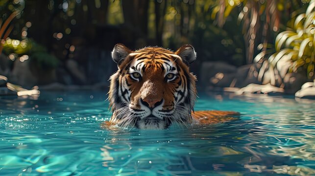 A majestic tiger swimming in a crystal-clear sun-drenched swimming pool, Generative ai.