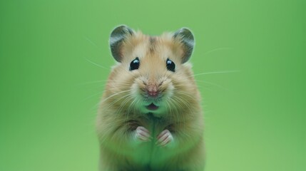 close-up of a hamster on a green background, gazing directly at the camera in a professional photo...