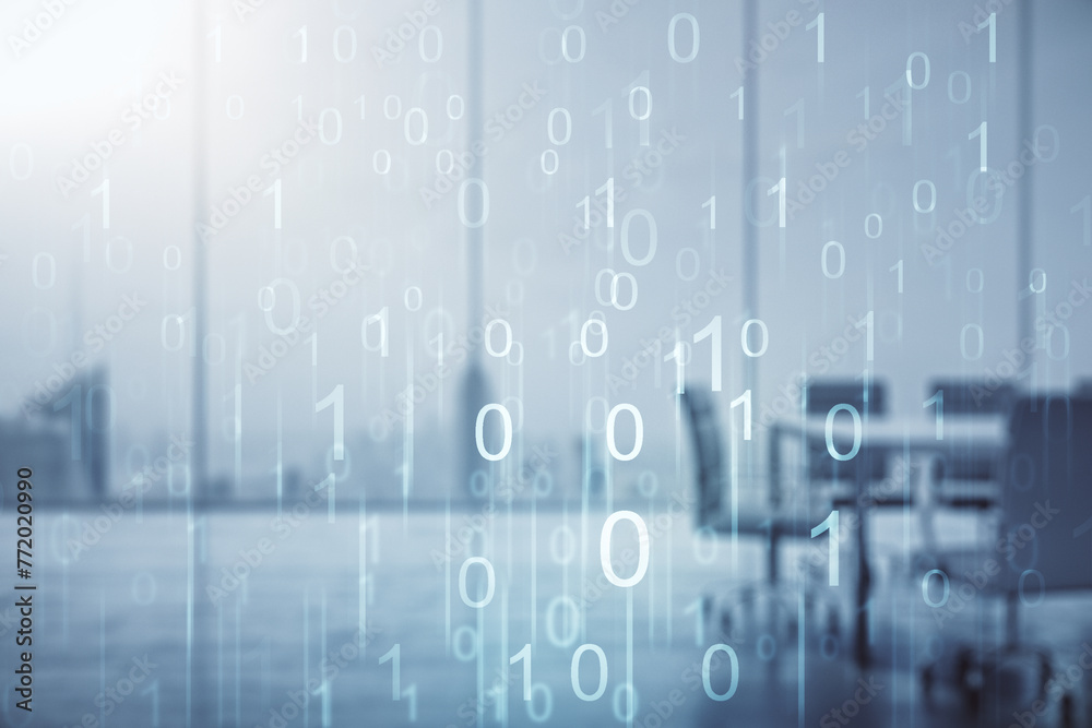 Aufkleber Abstract virtual binary code illustration on a modern conference room background. Big data and coding concept. Multiexposure