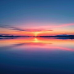 Fototapeta premium A serene lake reflecting the stunning hues of a calm sunset, evoking tranquility and romance in nature