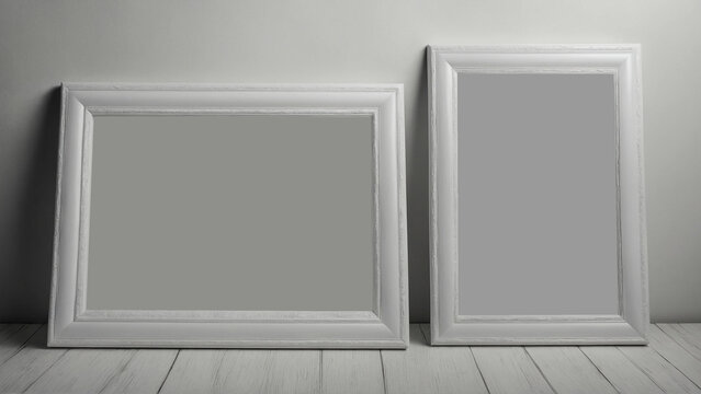 Mock up of two white frame on book shelf or desk. White colors