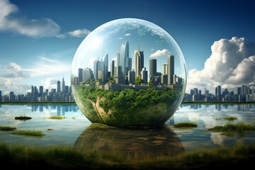 City of the future in a glass ball, concept of caring for ecology and the environment