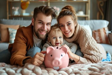 Happy young family saving money in piggy bank. Caring parents teaching toddler baby how to save money. Mom, dad and kid holding piggy bank sitting on sofa at home. Family savings, Generative AI