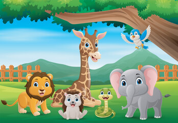 Obraz na płótnie Canvas Cute wild animals cartoon in the jungle