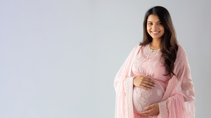 Indian pregnant woman with pregnancy belly, in soft pink clothes