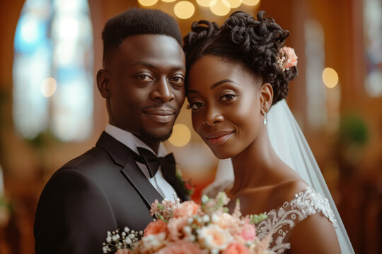 Wedding, African American couple, bride and groom in wedding attire, strike a pose for a photo. Husband and wife stand together, smiling at the camera