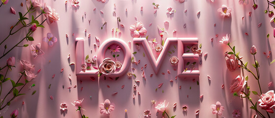 A pink background with flowers and the word LOVE written in pink