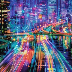 Fototapeta na wymiar Autonomous vehicles trace patterns of progress on the fabric of smart cities