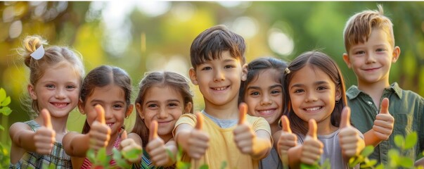 Cheerful kids enjoy summertime and spend free time on green meadow on good summer day. Banner header background with group of happy children standing in row showing thumbs up okay, Generative AI