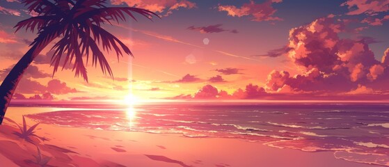 A digital painting of a sunset over the ocean. The sky is ablaze with color, with streaks of orange, pink, and purple. - obrazy, fototapety, plakaty