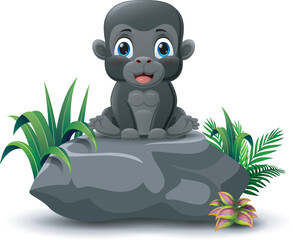 Cute baby gorilla cartoon sitting on the stone