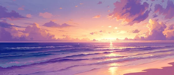Fotobehang A digital painting of a sunset over the ocean. The sky is ablaze with color, with streaks of orange, pink, and purple. © STOCKAI