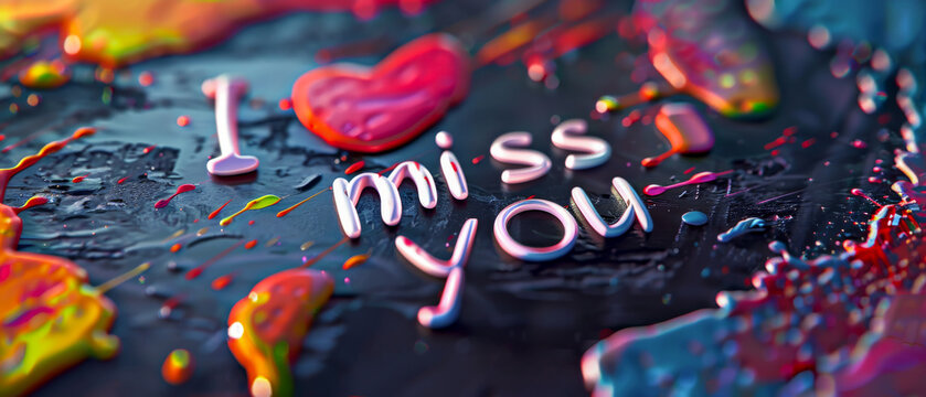 A colorful background with a heart and the words I miss you written on it