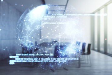 Double exposure of abstract creative programming illustration and world map on a modern boardroom...