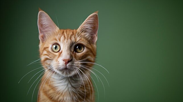 close-up of a young cat on a green background, gazing directly at the camera in a professional photo studio setting. Perfect for a pet shop banner or advertisement