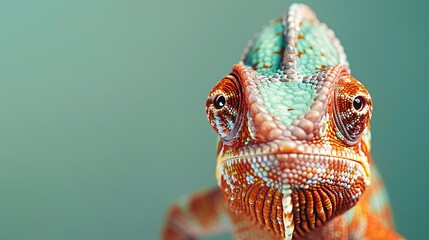 close-up of a young chameleon on a green background, gazing directly at the camera in a professional photo studio setting. Perfect for a pet shop banner or advertisement