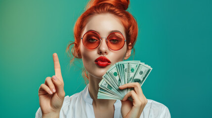 A woman points upwards while holding a fan of dollar bills.