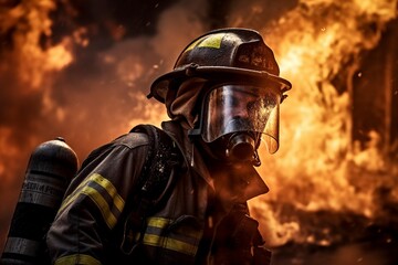 Firefighter in protective equipment fights raging fire - obrazy, fototapety, plakaty