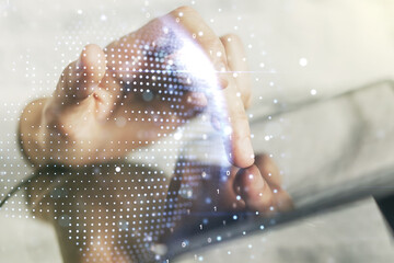 Double exposure of abstract digital world map and finger clicks on a digital tablet on background, big data and blockchain concept