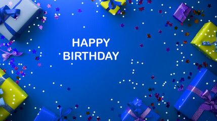 blauer Geburtstagsfeier Hintergrund mit dem Text "Happy Birthday" mit Geschenken und Konfetti