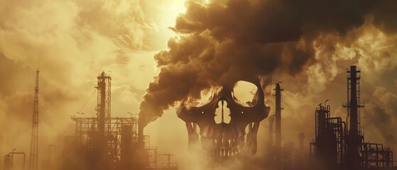 A large petrochemical plant emitting smoke in the shape of an ominous skull, creating a stark contrast between human activities and environmental - obrazy, fototapety, plakaty