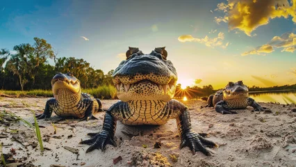 Selbstklebende Fototapeten Two crocodiles are sitting on the sand with their mouths wide open © Anoo