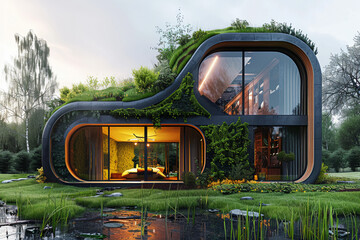 Create a conceptual image of an abstract, eco-friendly home design featuring sustainable materials,...