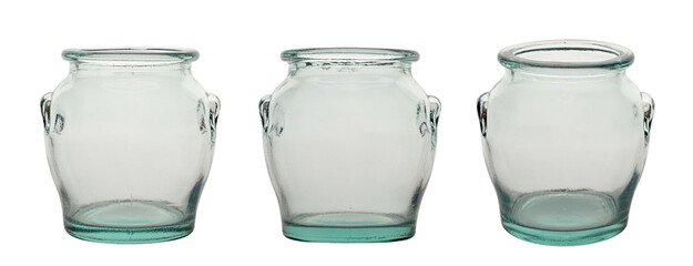Collection of empty glass kitchen jars for bulk food storage isolated on white background. File contains clipping path.