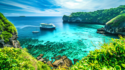 A boat sails along the rocky shore in a tropical bay - obrazy, fototapety, plakaty