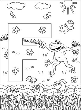 Letter F coloring page. F is for frog. F is for fish. F is for fish flock. F is for flowers.
