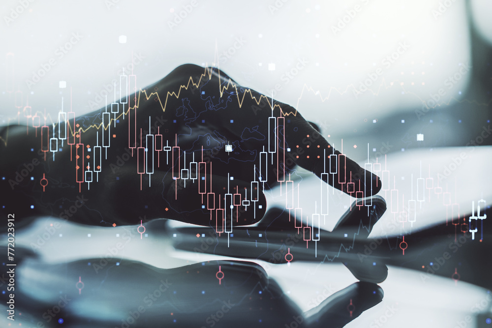 Poster multi exposure of abstract financial graph and hand working with a digital tablet on background, fin