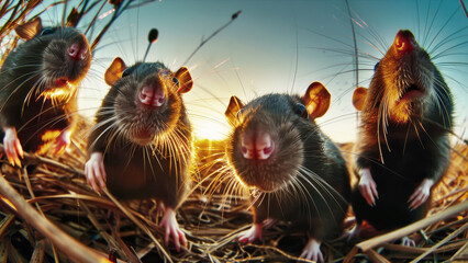 Several mice are perched atop a mound of hay, showcasing their small size and furry coats - obrazy, fototapety, plakaty