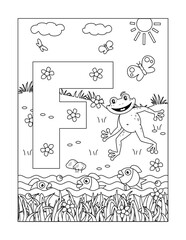 Letter F coloring page. F is for frog. F is for fish. F is for fish flock. F is for flowers.
