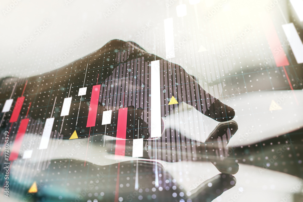 Poster multi exposure of abstract creative financial graph with world map and finger presses on a digital t