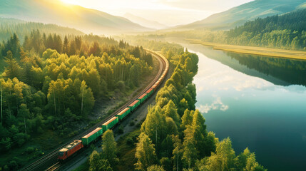 A train travels along the tracks cutting through a dense, green forest filled with tall trees and lush vegetation - obrazy, fototapety, plakaty