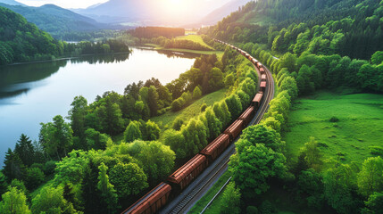 A train moves along tracks surrounded by dense, green foliage in a vibrant forest setting