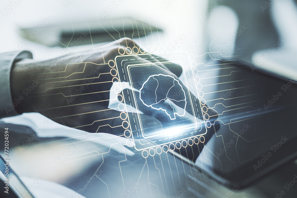 Poster double exposure of creative artificial intelligence symbol with finger clicks on a digital tablet on