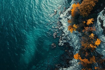 Aerial view of a rocky shore with autumn trees and turquoise water at lake biel in switzerland - obrazy, fototapety, plakaty