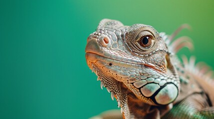 close-up of a young iguana on a green background, gazing directly at the camera in a professional photo studio setting. Perfect for a pet shop banner or advertisement - obrazy, fototapety, plakaty