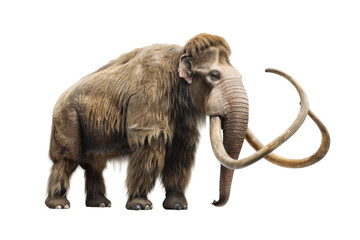 A realistic depiction of a woolly mammoth, isolated on a white background, showcasing its impressive tusks and thick, shaggy coat.