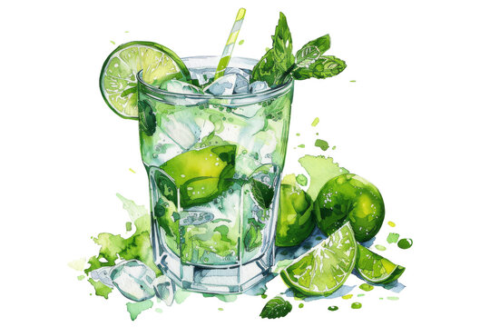 A playful illustration of a classic mojito cocktail, with the glass spilling over to show the effervescence and freshness, perfect for a beach bar menu illustration, white background