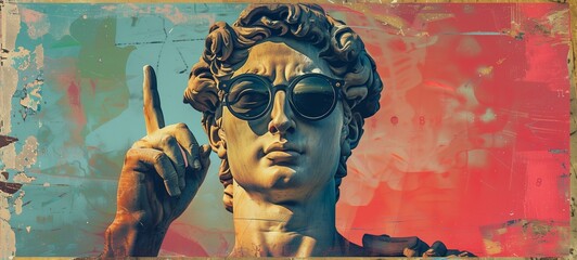 Antique statue head with sunglasses in a collage style. The image features a classical sculpture against a vibrant, textured background with urban and pop art influences - obrazy, fototapety, plakaty
