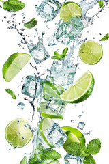 dynamic photo of ice cubes, mint leaves and lime slices falling into a glass of mojito drink, with splashes of water, white background