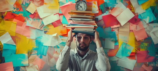 Overwhelmed individual with a stack of books and an alarm clock on his head. The image, set against a chaotic collage of colorful notes, conveys the concept of stress and deadline pressures
