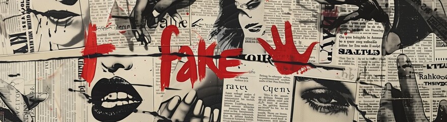 Expressive newsprint collage. A dynamic composition with snippets of newspaper articles, bold typographic elements spelling "FAKE," and stark hand imagery, painted with striking red brushstrokes.