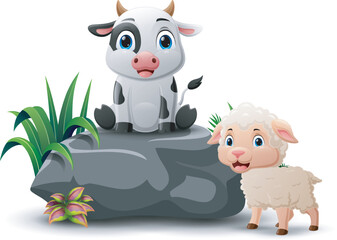 Cartoon baby cow and sheep sitting on the stone